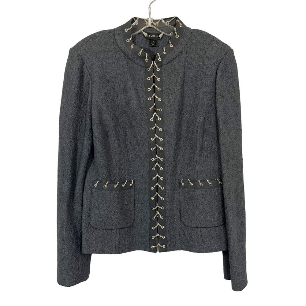 St. John Gray Hidden Closure Jacket Chain Grommet‎ Accent Wool Blend - Size 8